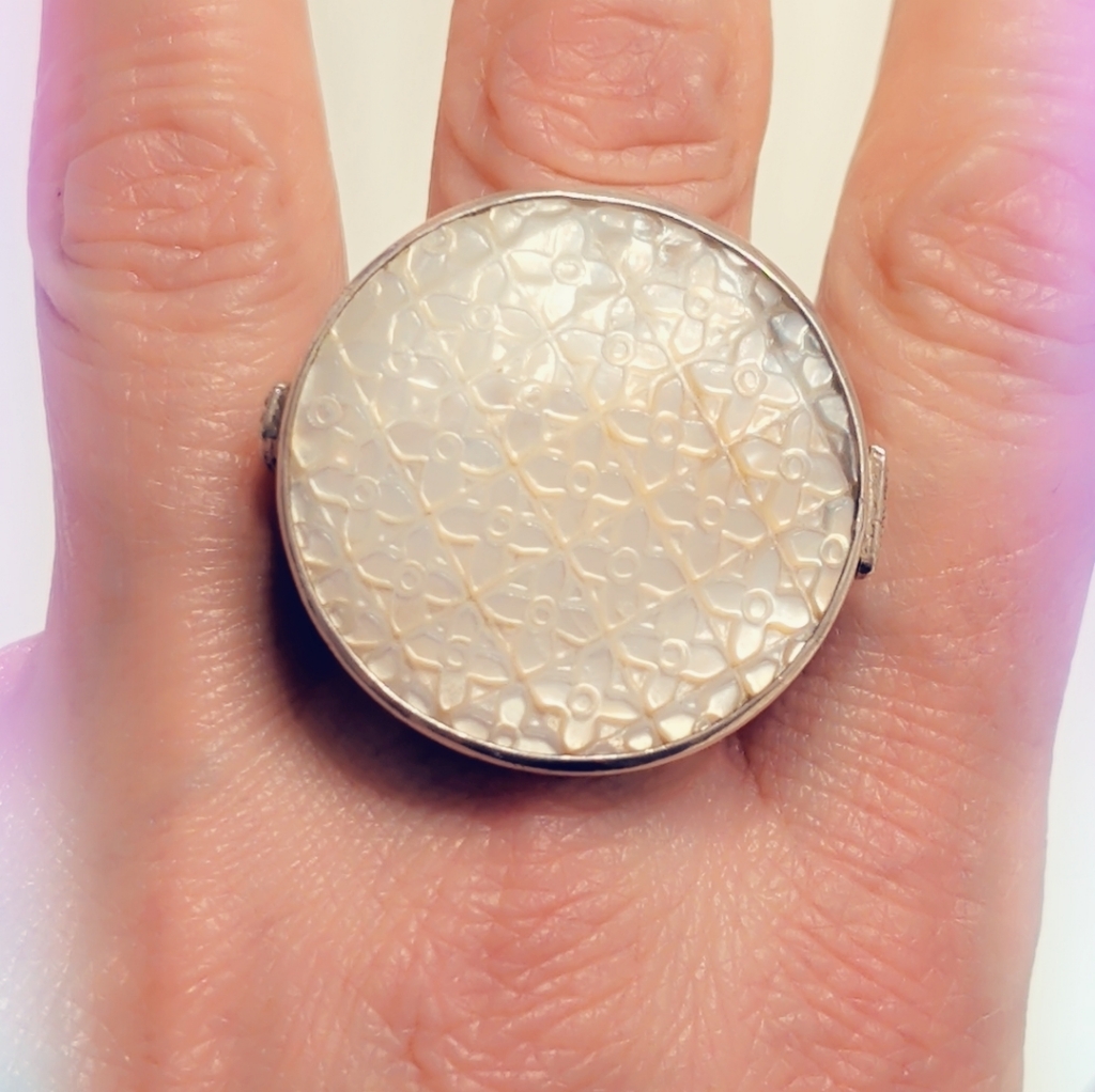 Carved Pearl Huge Sterling Ring